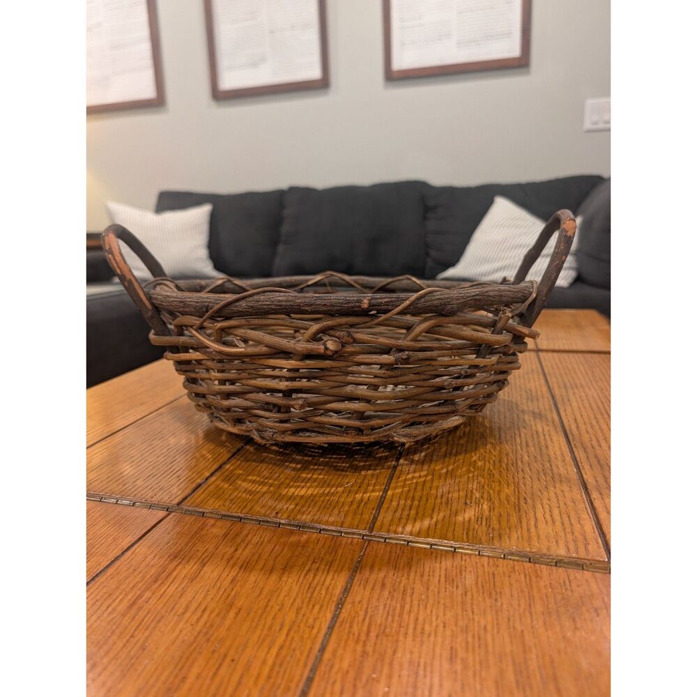 Rustic Twig and Vine Basket Bark Branch Handles Round Woodland Cottagecore Decor